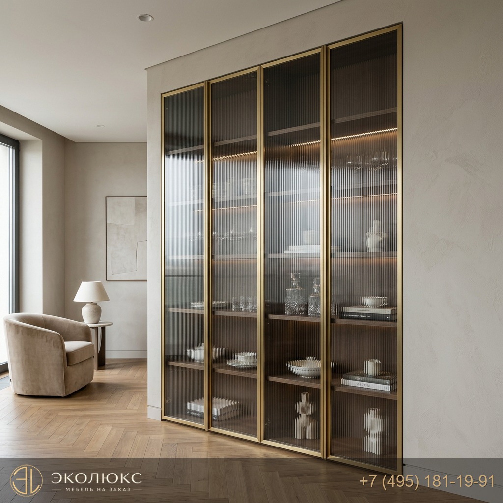 Витрина в гостиную из СТЕКЛО РИФЛЕНОЕ РЭЙВОЛ (RAYWALL) ОСВЕТЛЕННОЕ 4 ММ (арт. 9088), Adem Glass на заказ