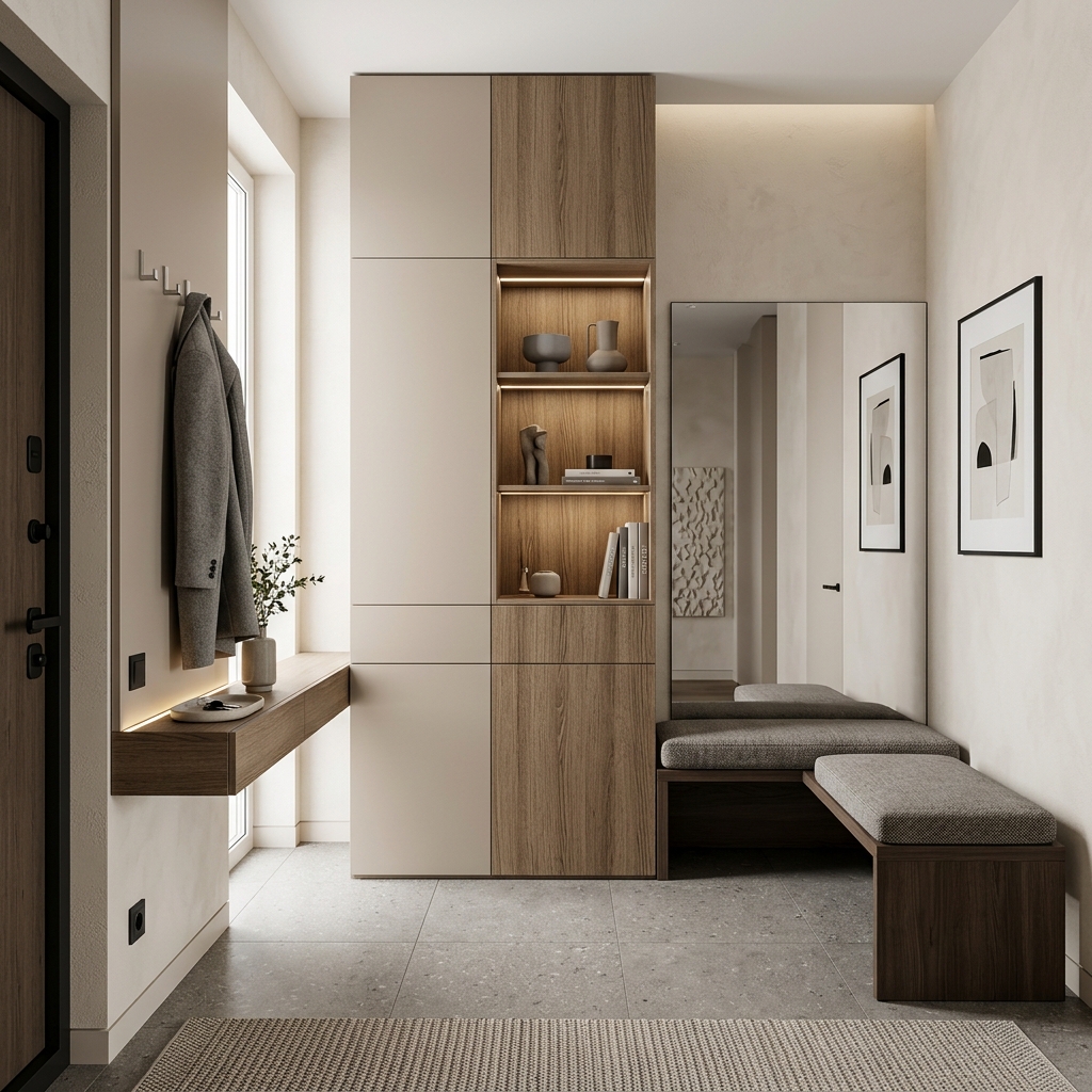 Современная прихожая со шкафом и скамьёй