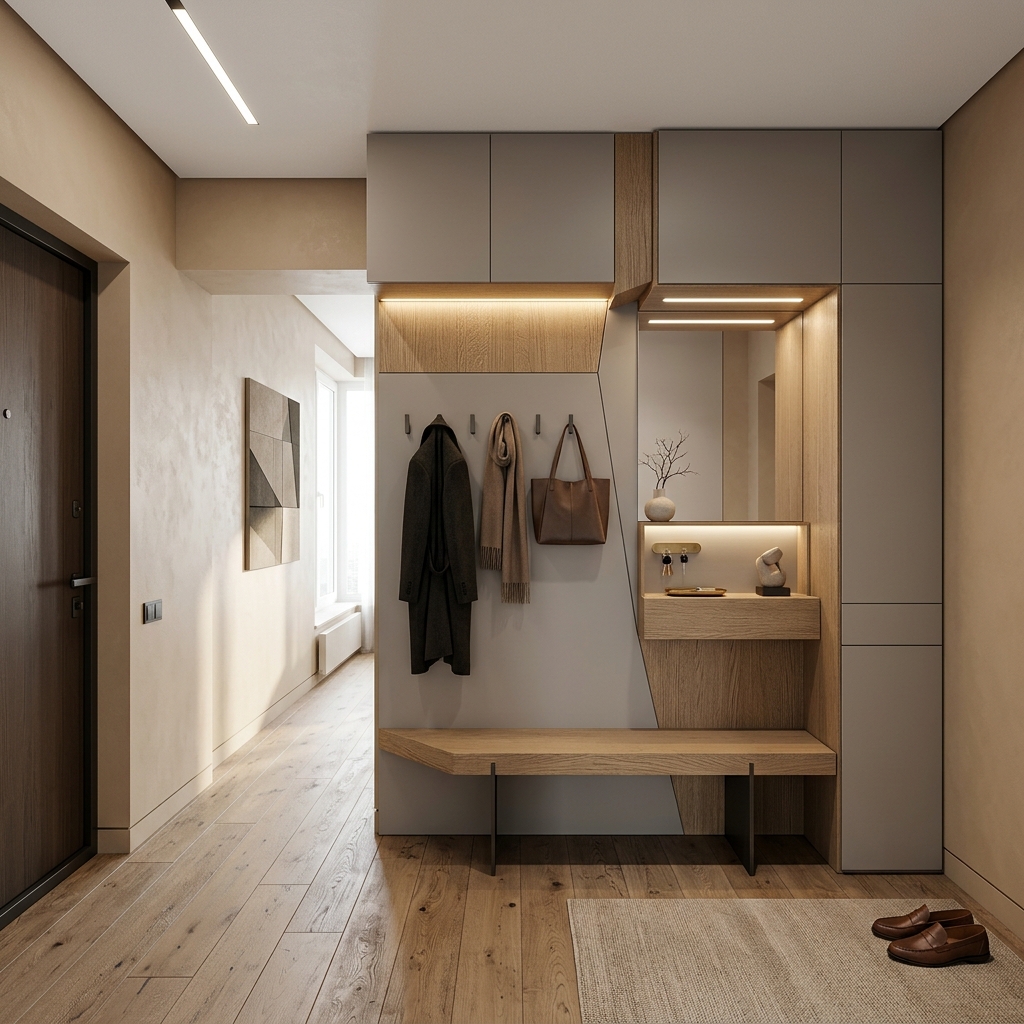 Современная прихожая с зеркалом и подсветкой