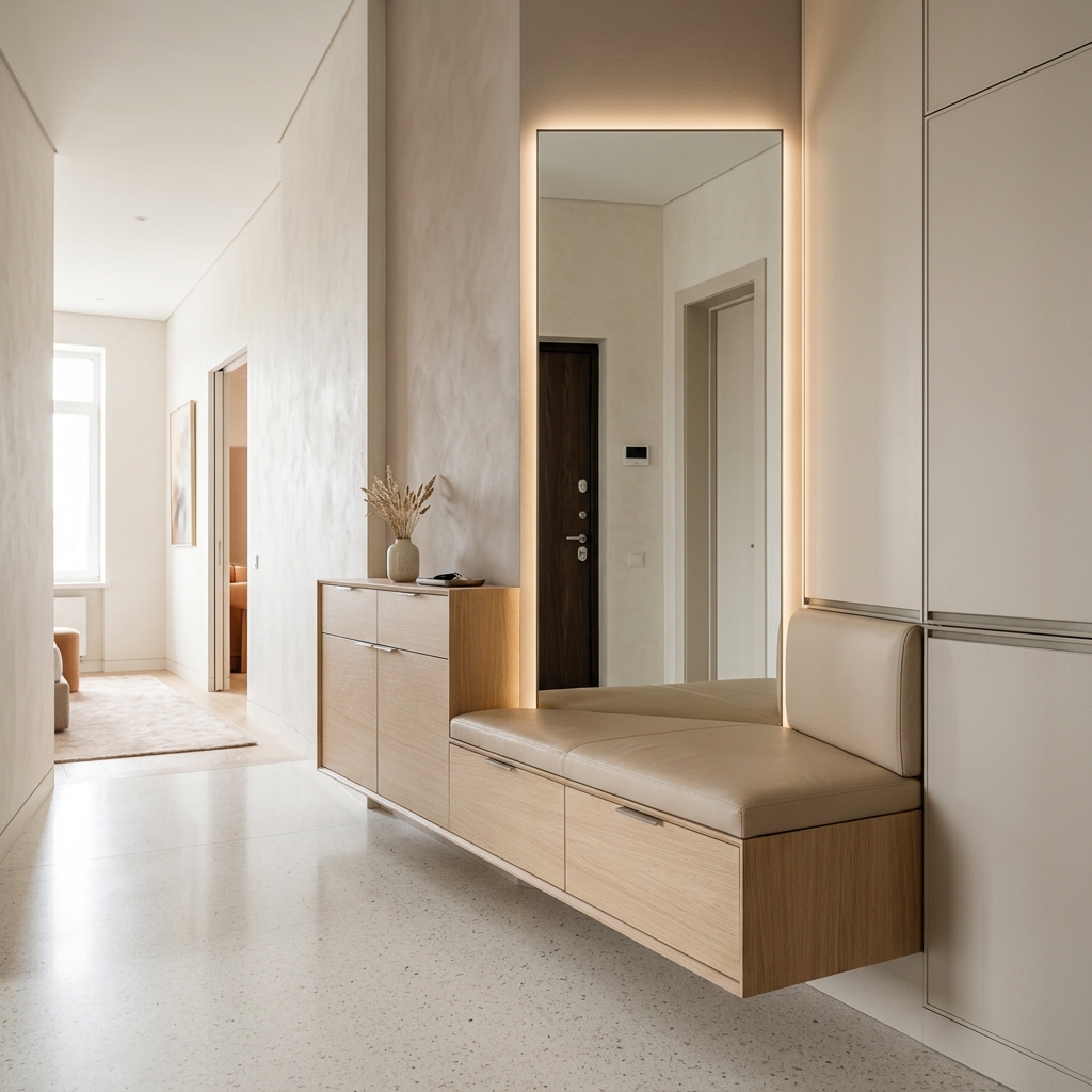 Современная прихожая с подсветкой и зеркалом