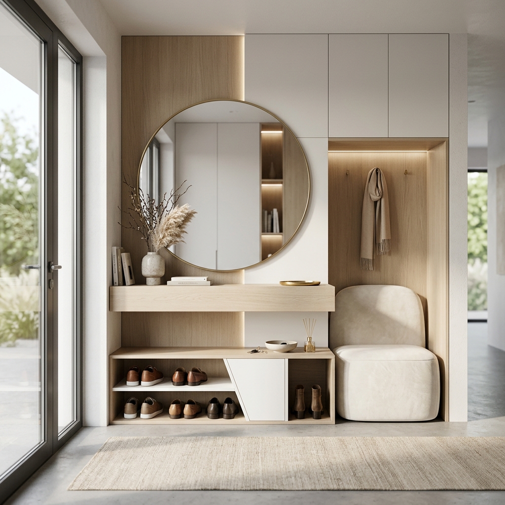 Современная прихожая с шкафами и зеркалом