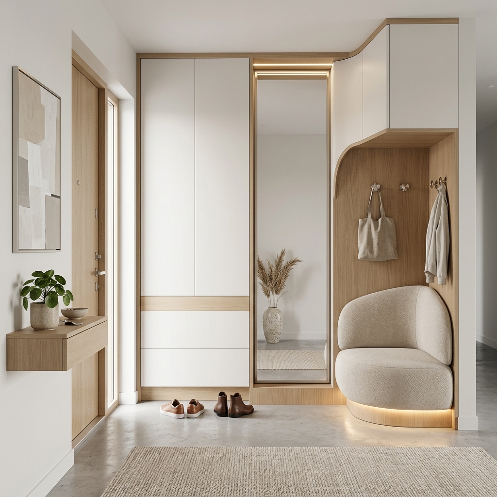 Современная прихожая с подсветкой и зеркалом