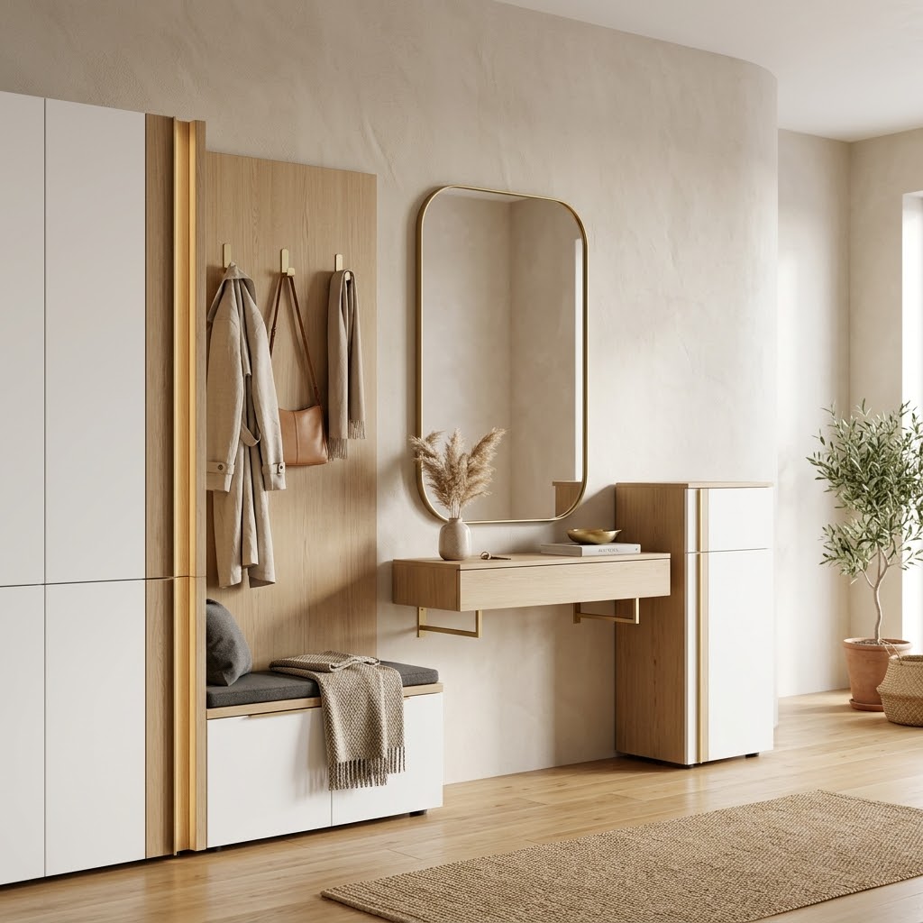 Современная прихожая с зеркалом и скамьёй
