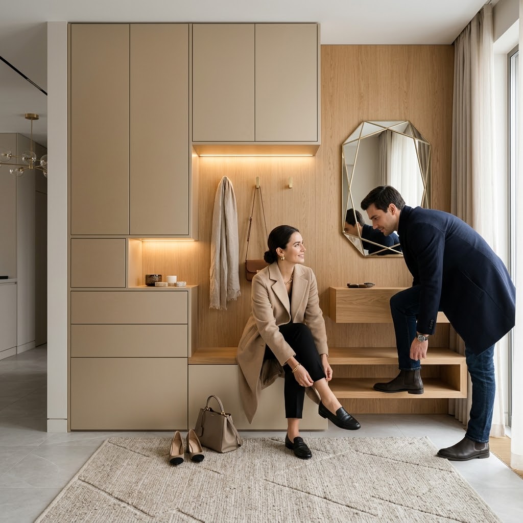 Современная прихожая с подсветкой и местом для хранения