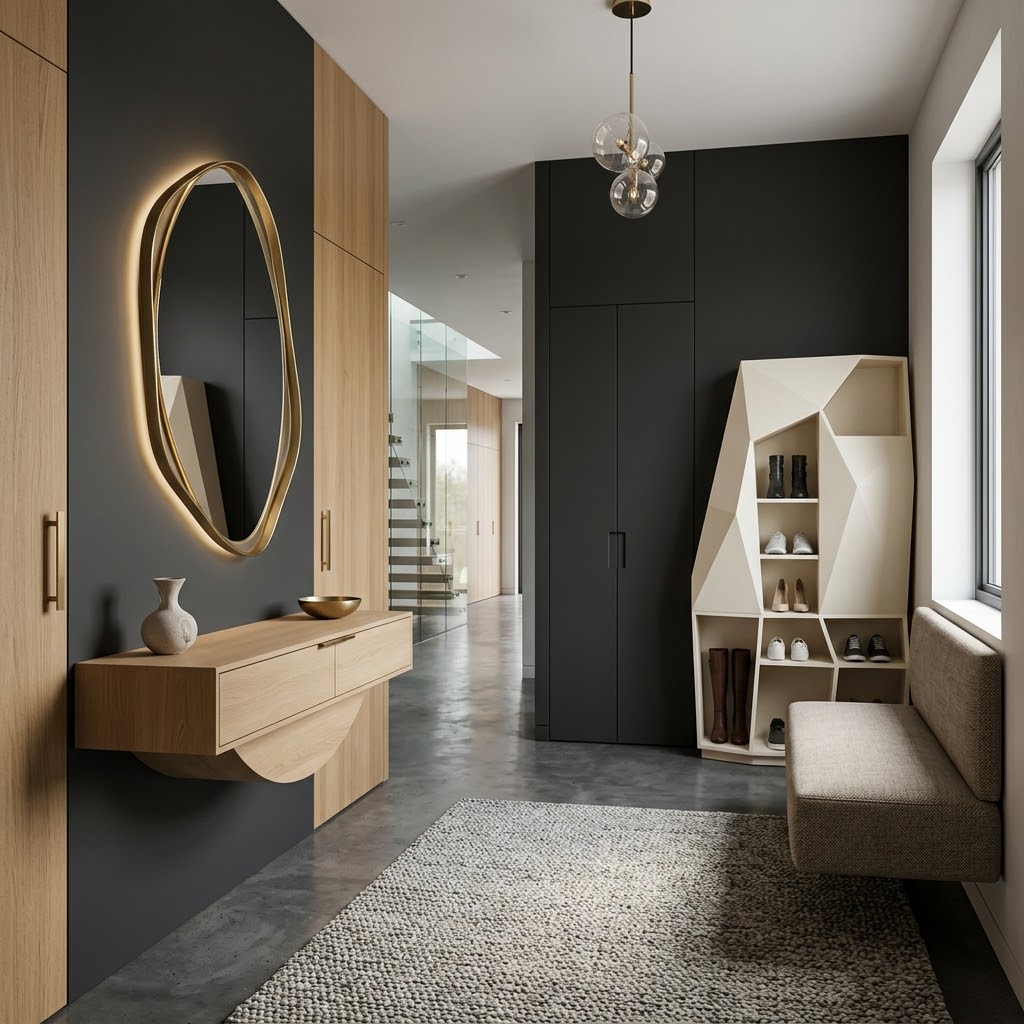 Современная прихожая с подсветкой и зеркалом
