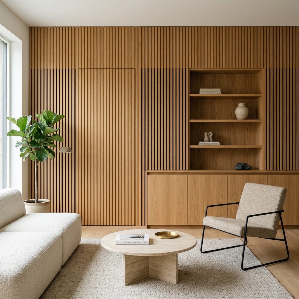 Стеновые панели и рейки 2.0: акустика, скрытые двери и интеграция хранения без «перегруза»