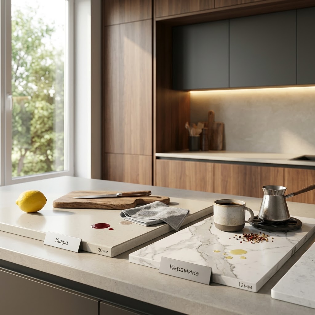 Столешницы: кварц vs керамика vs компакт‑плита — что живёт дольше и что проще в уходе