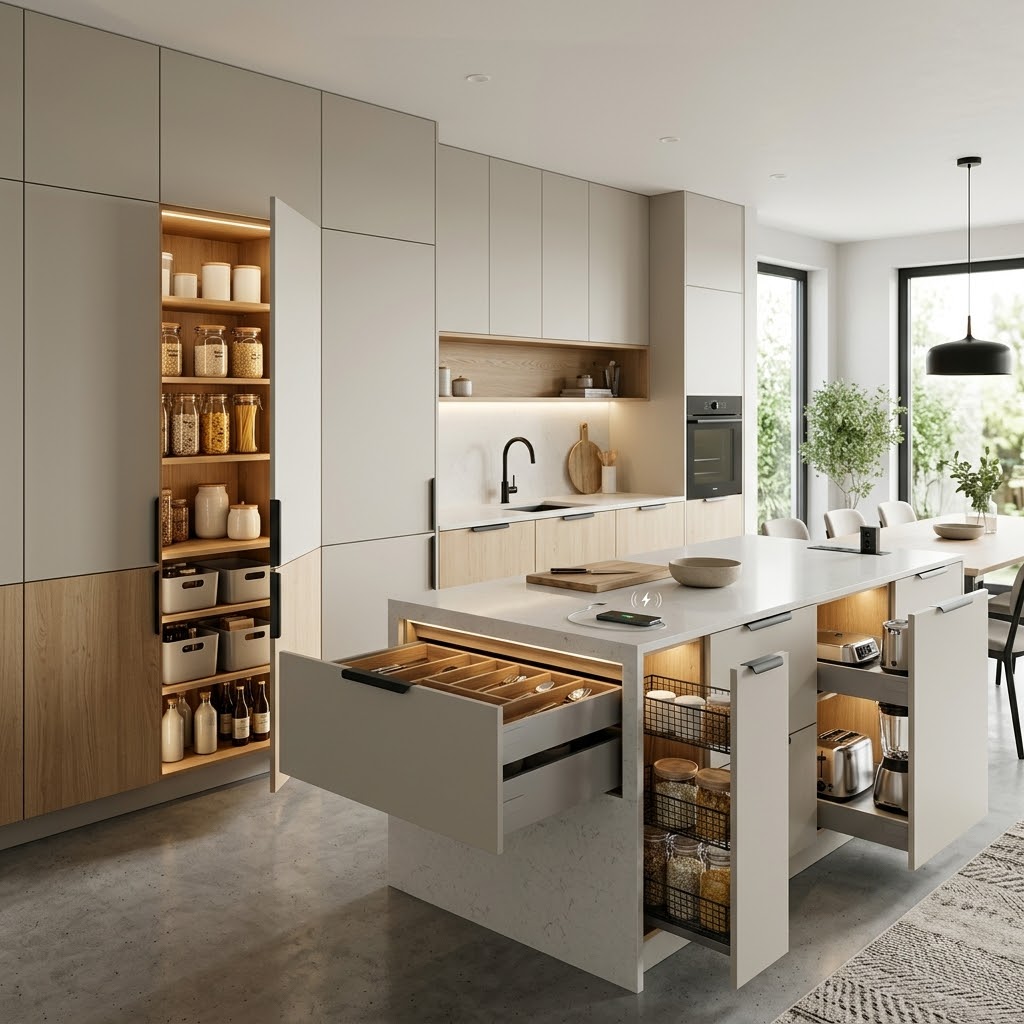 Умное хранение 2026: скрытые кладовые, выдвижные системы, зарядки и подсветка