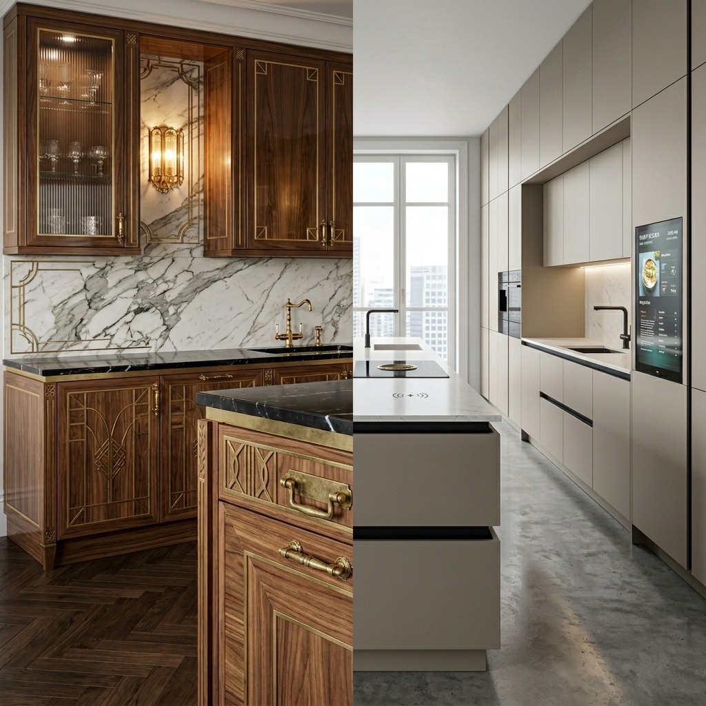 От ар-деко к «умной» кухне 2026: как менялись фасады, фурнитура и сценарии света