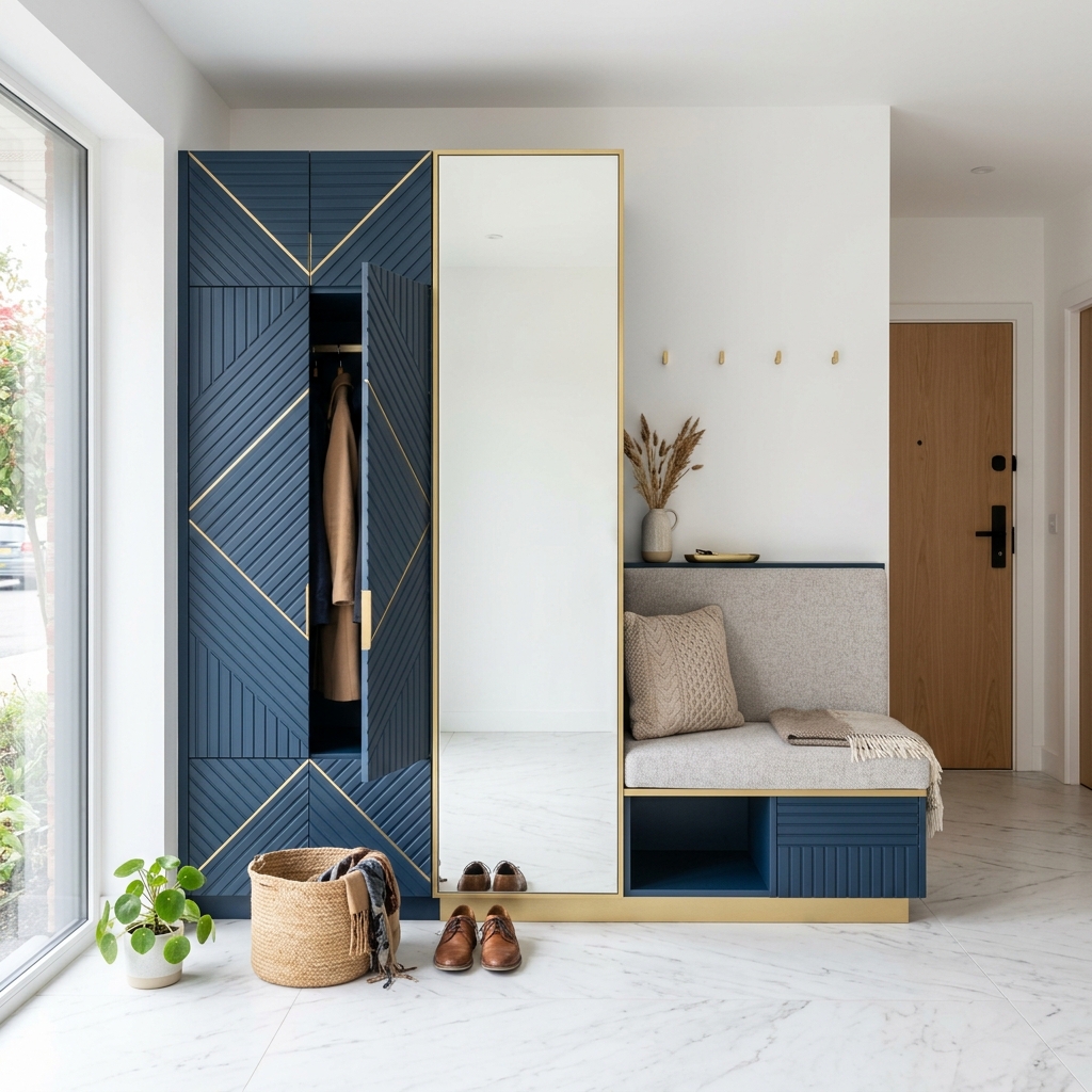 Современная прихожая с синими фасадами и зеркалом