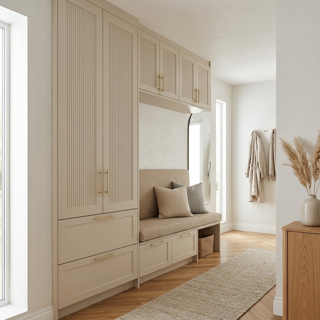 Встроенная прихожая с мягкой скамьей и антресолью