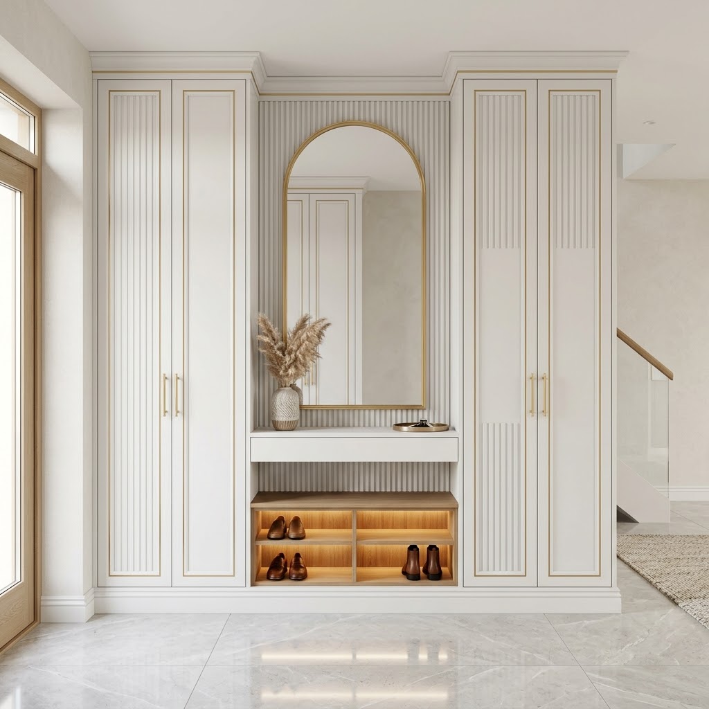 Современная белая прихожая с золотыми акцентами