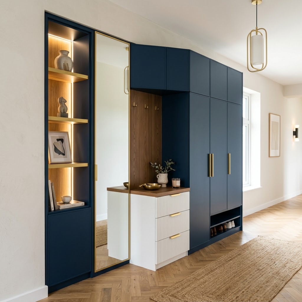 Современная прихожая с синими фасадами и витриной