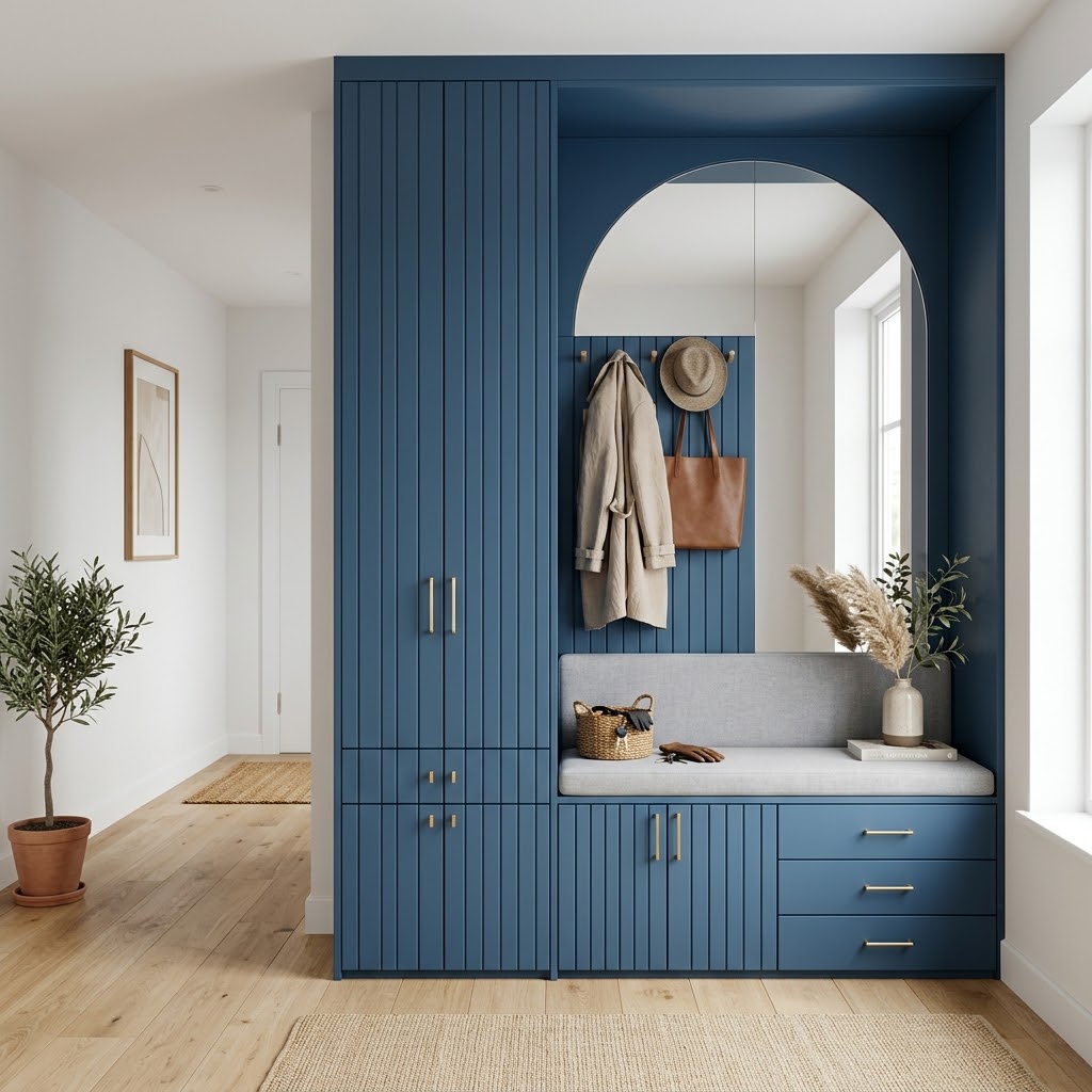 Современная прихожая с зеркалом и синими фасадами