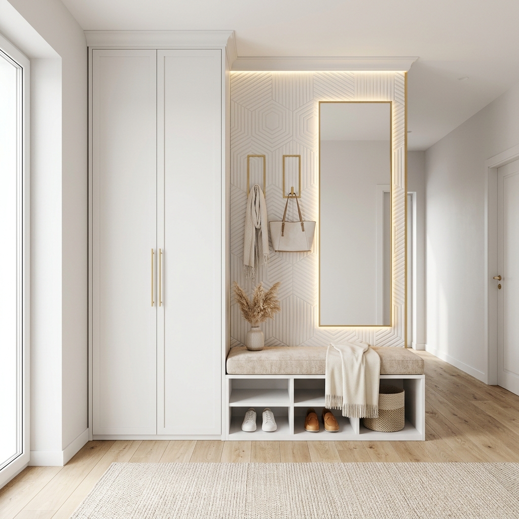 Современная белая прихожая с мягкой панелью и шкафом