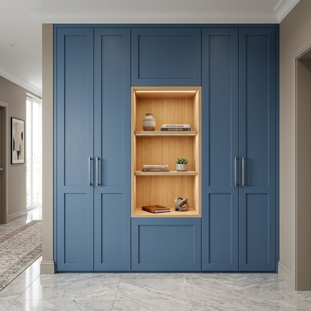 Вместительный синий шкаф в прихожую с нишей