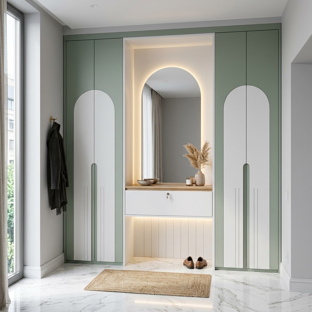 Современная прихожая с арочными фасадами и подсветкой