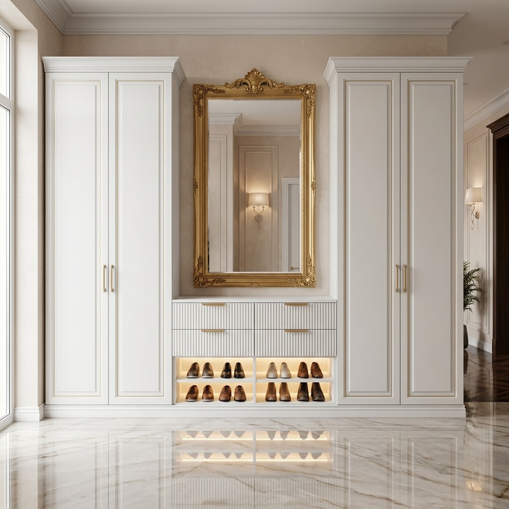 Белая встроенная прихожая с золотой фурнитурой и подсветкой