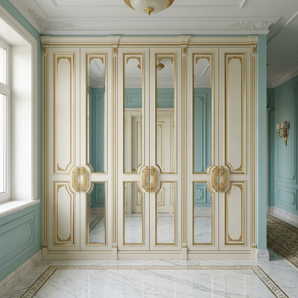 Элегантная прихожая с зеркалами и золотой фрезеровкой