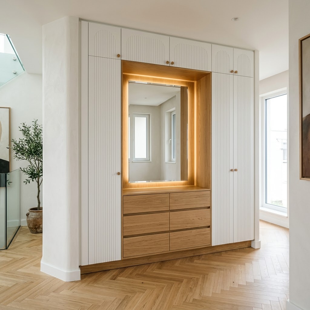 Современная встроенная прихожая с зеркалом и подсветкой