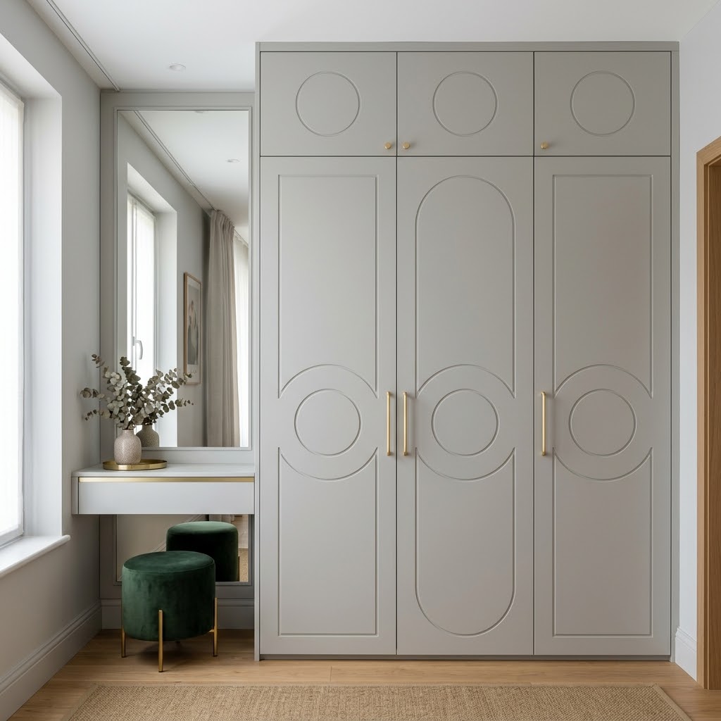 Серая встроенная прихожая с антресолью и столиком