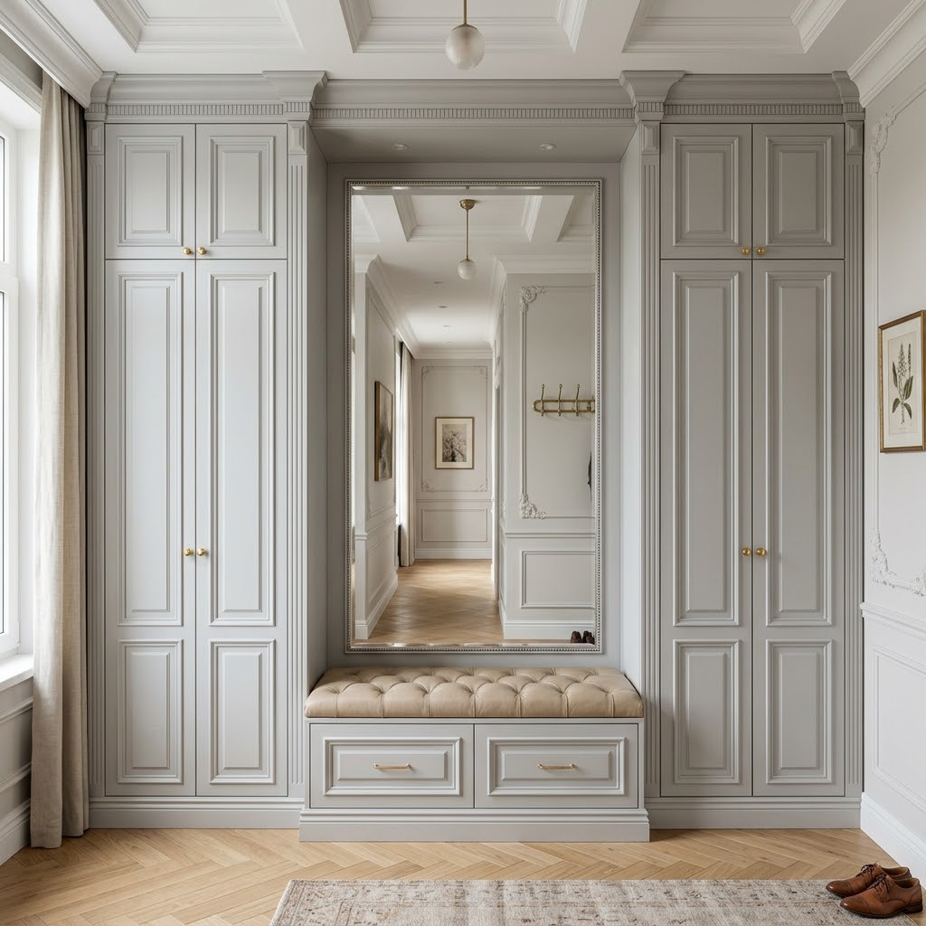 Светло-серая прихожая с зеркалом и мягкой скамьёй