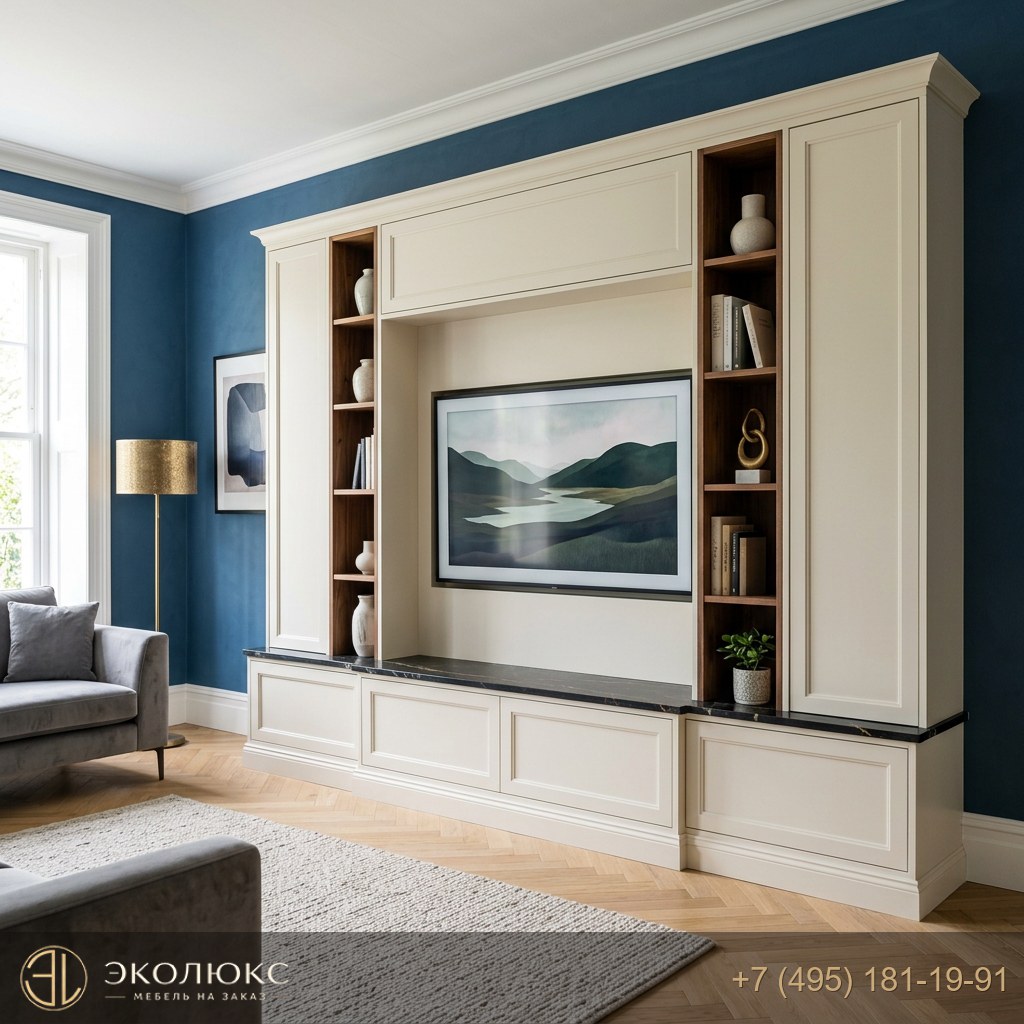 ТВ-стенка в неоклассическом стиле с открытыми полками